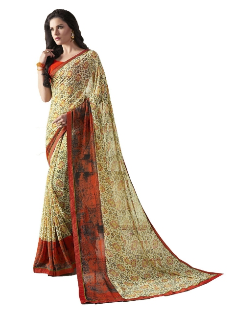 

UNITED LIBERTY Cream & Red Ethnic Motifs Saree