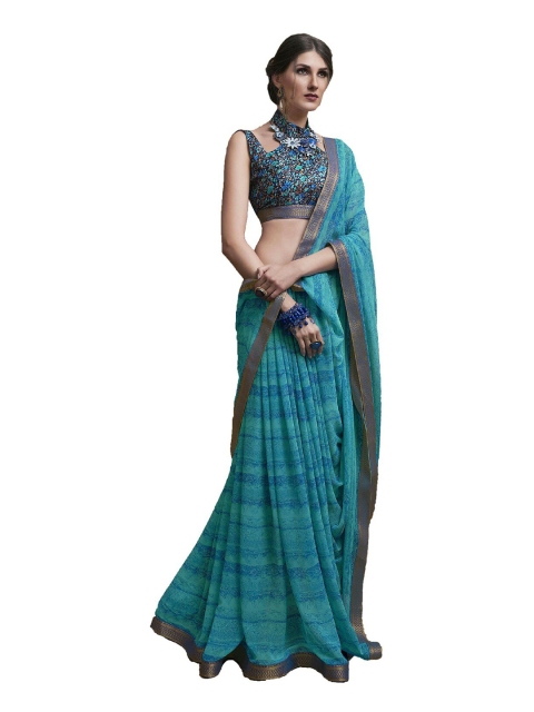 

UNITED LIBERTY Teal & Gold-Toned Striped Block Print Saree