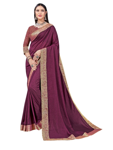

UNITED LIBERTY Purple & Gold-Toned Zari Art Silk Block Print Saree