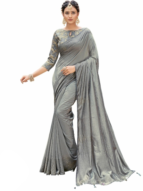 

UNITED LIBERTY Grey & Gold-Toned Beads and Stones Art Silk Saree