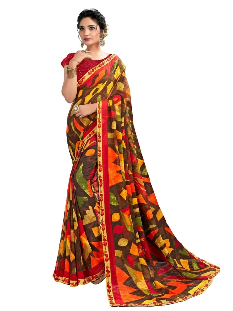 

UNITED LIBERTY Red & Brown Abstract Block Print Saree