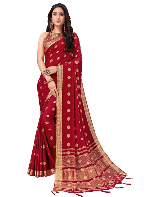

UNITED LIBERTY Maroon & Gold-Toned Woven Design Zari Art Silk Block Print Saree