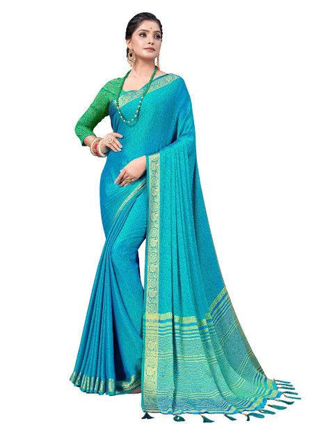 

UNITED LIBERTY Teal & Green Ethnic Motifs Art Silk Block Print Saree