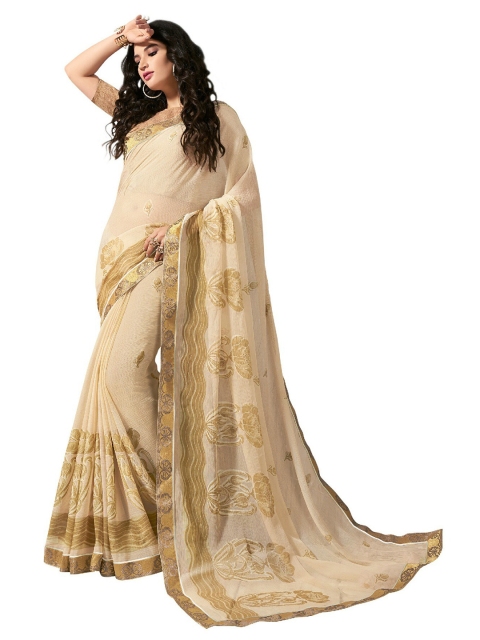 

UNITED LIBERTY Cream-Coloured & Gold-Toned Floral Art Silk Saree