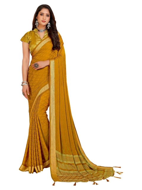 

UNITED LIBERTY Olive Green & Gold-Toned Zari Art Silk Block Print Saree