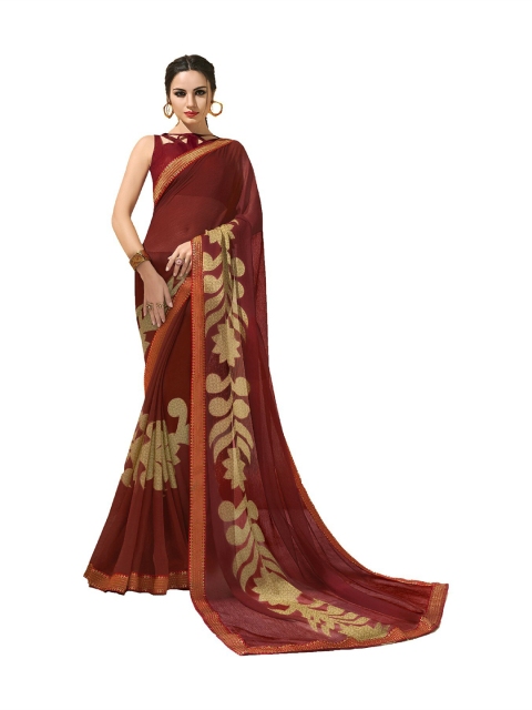 

UNITED LIBERTY Brown & Gold-Toned Art Silk Block Print Saree