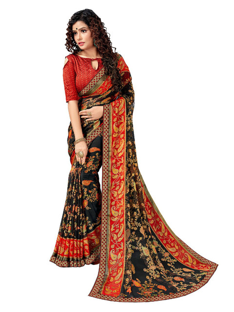 

UNITED LIBERTY Black & Red Floral Art Silk Saree