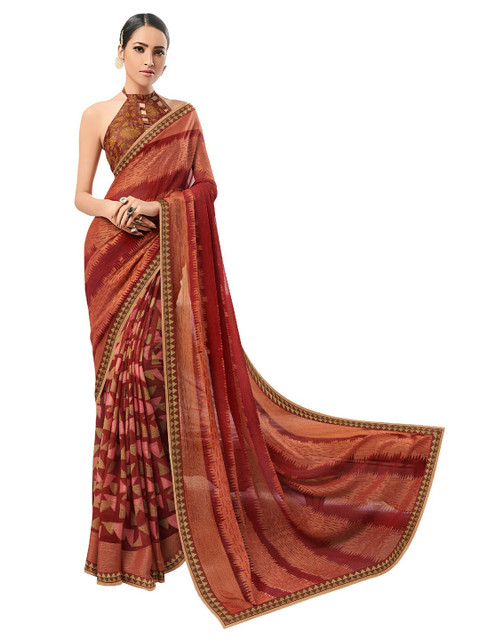 

UNITED LIBERTY Coffee Brown & Maroon Art Silk Block Print Saree