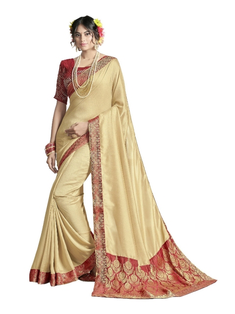 

UNITED LIBERTY Cream-Coloured & Golden Ethnic Motifs Art Silk Block Print Saree