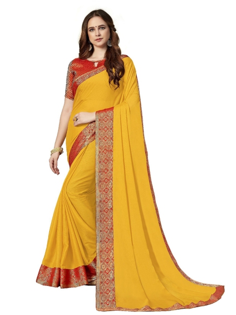 

UNITED LIBERTY Yellow & Gold-Toned Ethnic Motifs Art Silk Block Print Saree