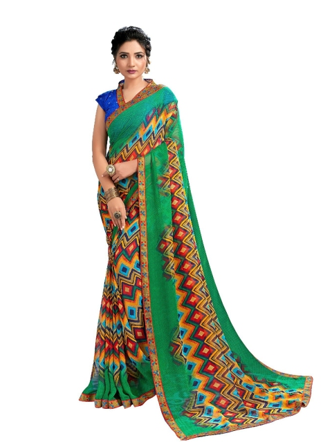 

UNITED LIBERTY Green & Red Block Print Saree