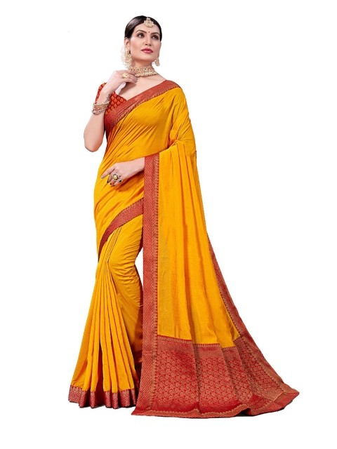 

UNITED LIBERTY Orange & Red Zari Art Silk Block Print Saree