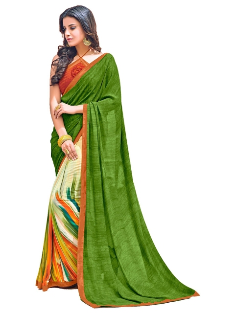 

UNITED LIBERTY Green & Orange Abstract Block Print Saree