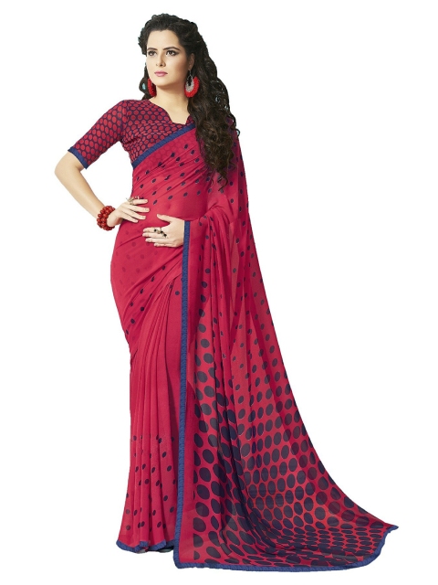

UNITED LIBERTY Fuchsia & Blue Polka Dots Block Print Saree