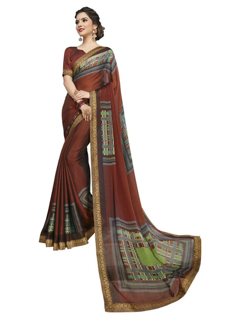 

UNITED LIBERTY Coffee Brown & Green Zari Art Silk Block Print Saree