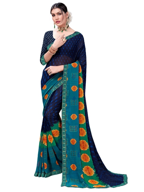 

UNITED LIBERTY Navy Blue & Orange Floral Block Print Saree