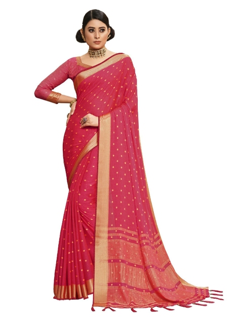 

UNITED LIBERTY Fuchsia & Gold-Toned Woven Design Zari Art Silk Block Print Saree