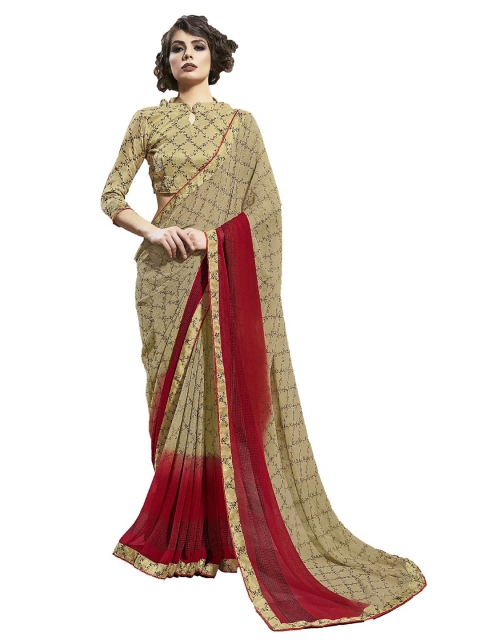 

UNITED LIBERTY Beige & Red Checked Saree