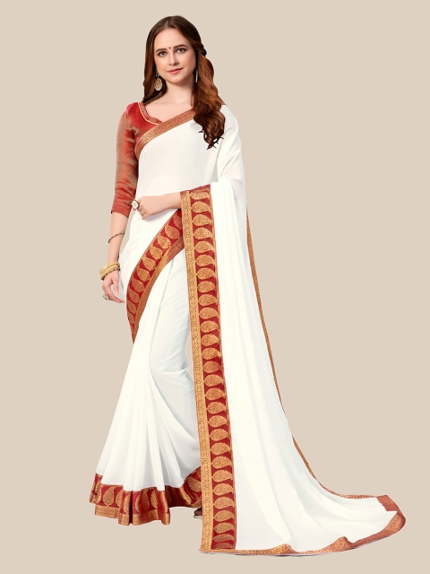 

UNITED LIBERTY White & Maroon Paisley Art Silk Block Print Saree