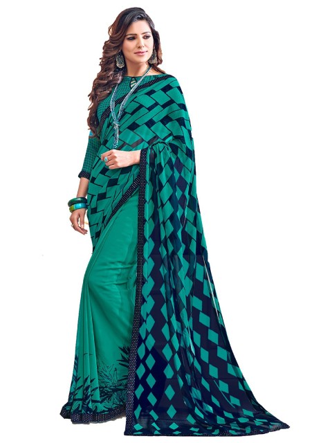 

UNITED LIBERTY Teal Blue & Navy Blue Printed Saree