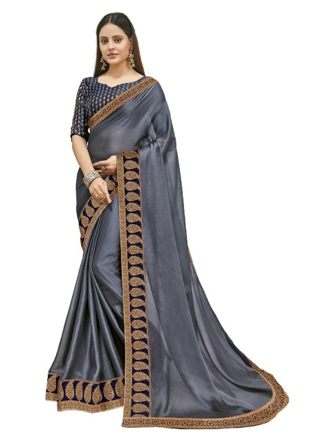 

UNITED LIBERTY Grey & Golden Art Silk Block Print Saree