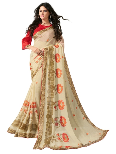 

UNITED LIBERTY Cream-Coloured & Orange Floral Art Silk Block Print Saree