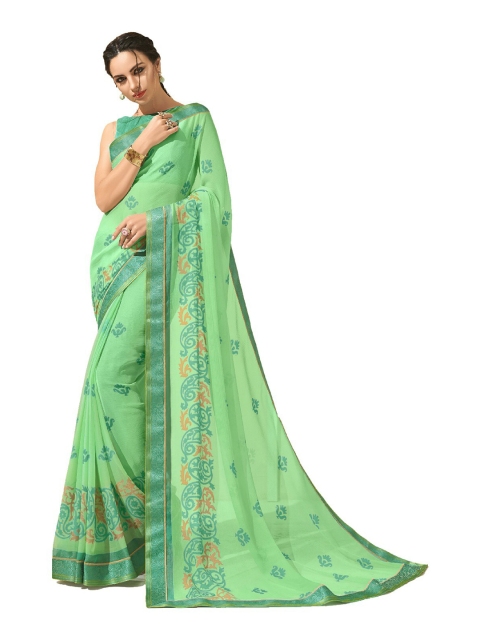 

UNITED LIBERTY Green & Orange Ethnic Motifs Art Silk Block Print Saree