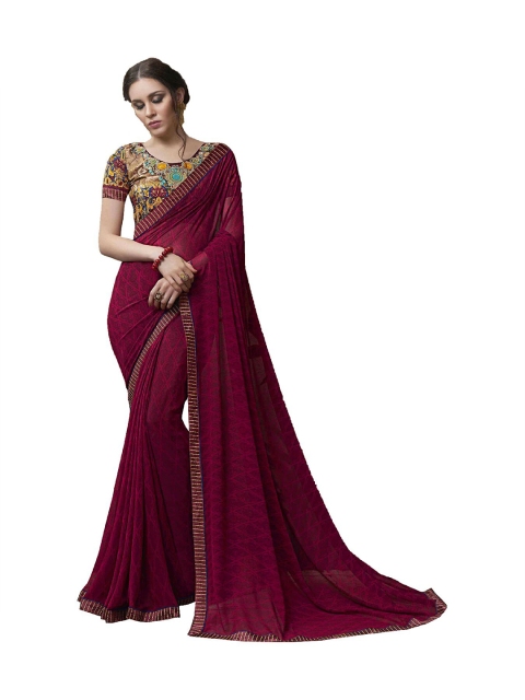 

UNITED LIBERTY Burgundy & Golden Ethnic Motifs Block Print Saree