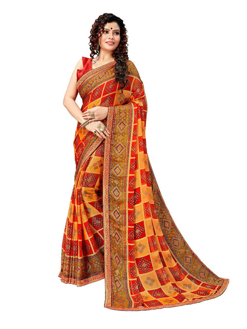 

UNITED LIBERTY Orange & Red Ethnic Motifs Art Silk Block Print Saree