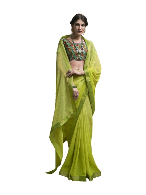 

UNITED LIBERTY Lime Green Ethnic Motifs Block Print Saree