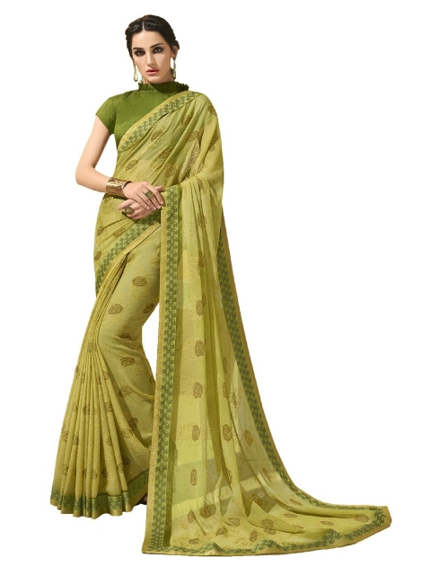 

UNITED LIBERTY Olive Green Floral Art Silk Block Print Saree