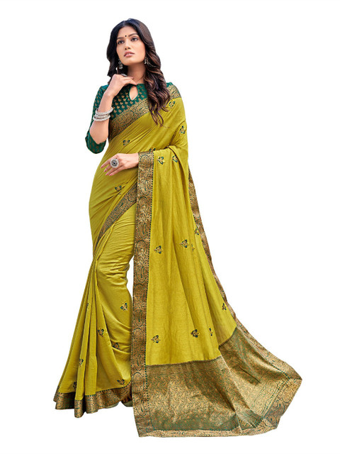

UNITED LIBERTY Olive Green & Green Floral Zari Art Silk Block Print Saree