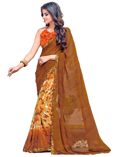 

UNITED LIBERTY Brown & Yellow Floral Sequinned Block Print Saree