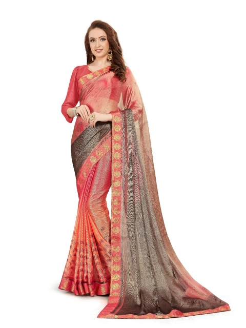 

UNITED LIBERTY Pink & Grey Art Silk Block Print Saree