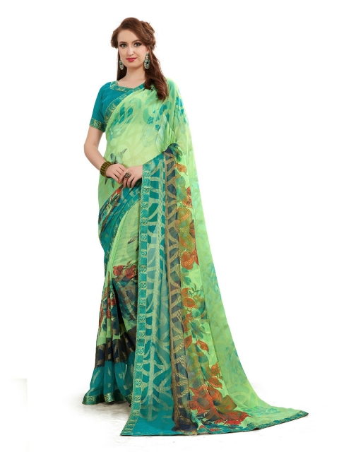 

UNITED LIBERTY Teal & Green Floral Printed Art Silk Saree