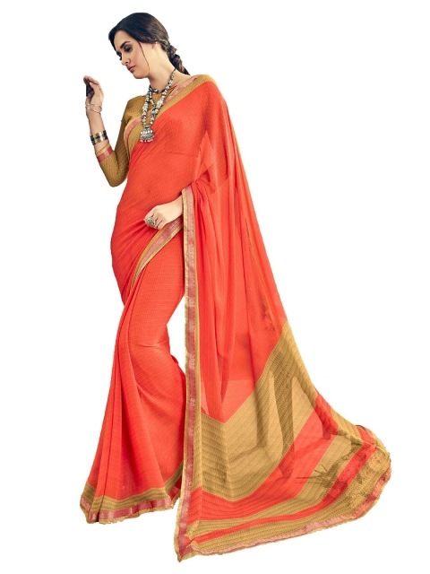 

UNITED LIBERTY Orange Ethnic Motifs Block Print Saree