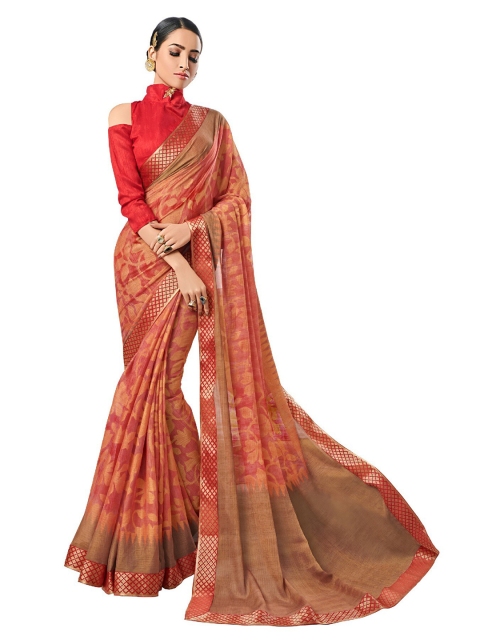

UNITED LIBERTY Pink & Grey Floral Art Silk Block Print Saree