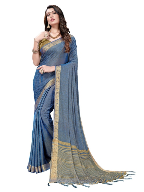 

UNITED LIBERTY Blue & Gold-Toned Woven Design Art Silk Block Print Saree