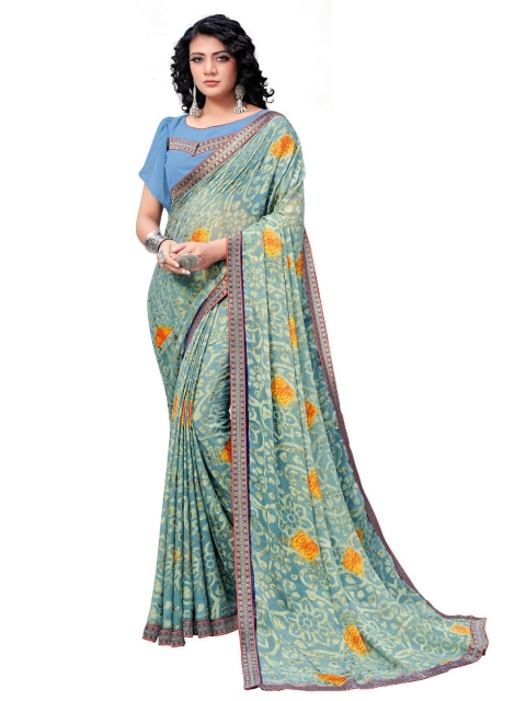 

UNITED LIBERTY Grey & Orange Floral Art Silk Block Print Saree
