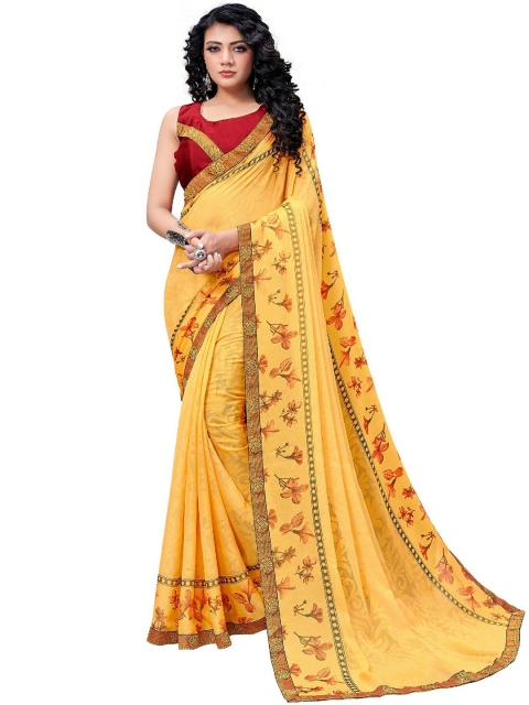 

UNITED LIBERTY Yellow & Brown Floral Art Silk Block Print Saree