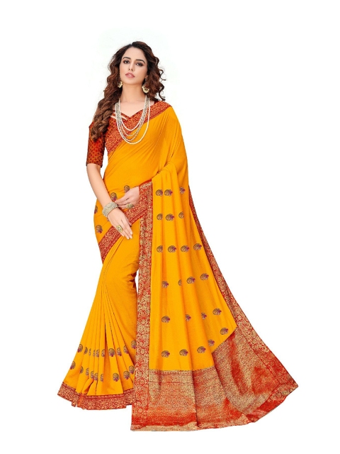 

UNITED LIBERTY Yellow & Red Ethnic Motifs Art Silk Block Print Saree