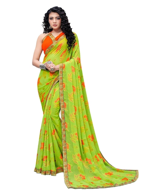 

UNITED LIBERTY Lime Green & Orange Floral Art Silk Block Print Saree