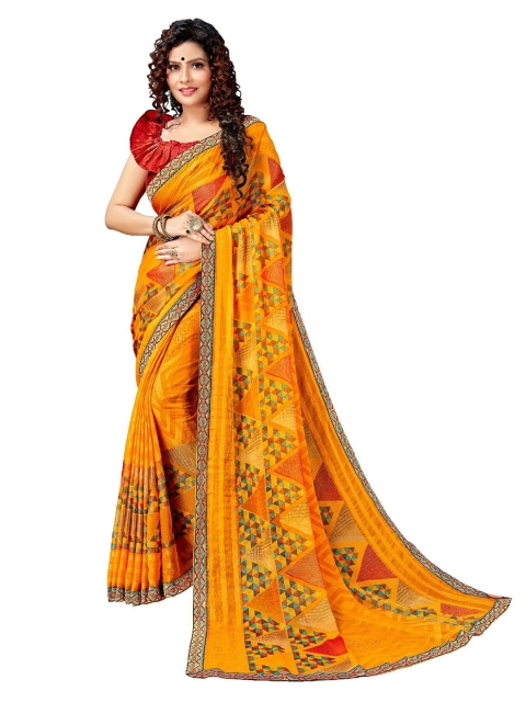 

UNITED LIBERTY Orange & Red Art Silk Block Print Saree