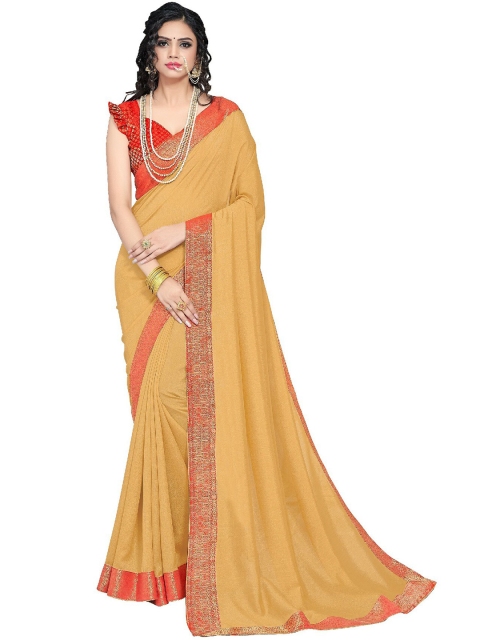

UNITED LIBERTY Beige & Red Art Silk Block Print Saree