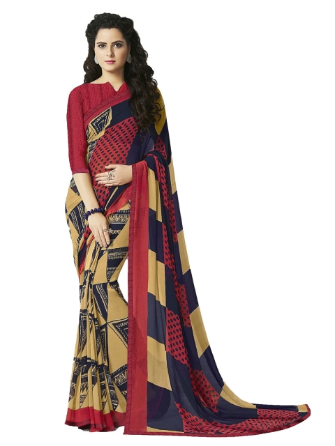 

UNITED LIBERTY Beige & Red Block Print Saree