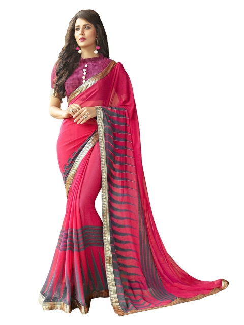 

UNITED LIBERTY Pink & Blue Striped Saree