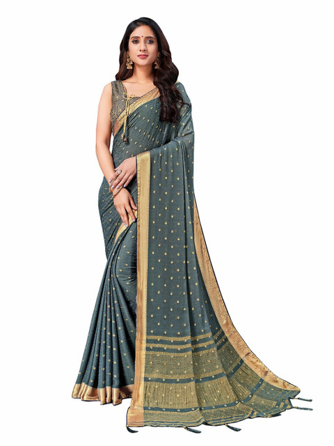 

UNITED LIBERTY Grey Woven Design Art Silk Block Print Saree