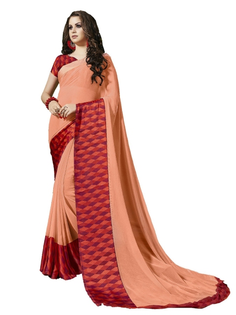 

UNITED LIBERTY Peach-Coloured & Maroon Art Silk Block Print Saree