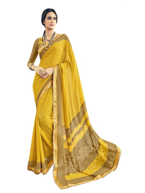 

UNITED LIBERTY Yellow & Beige Ethnic Motifs Block Print Saree
