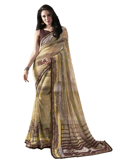 

UNITED LIBERTY Brown & Beige Striped Block Print Saree